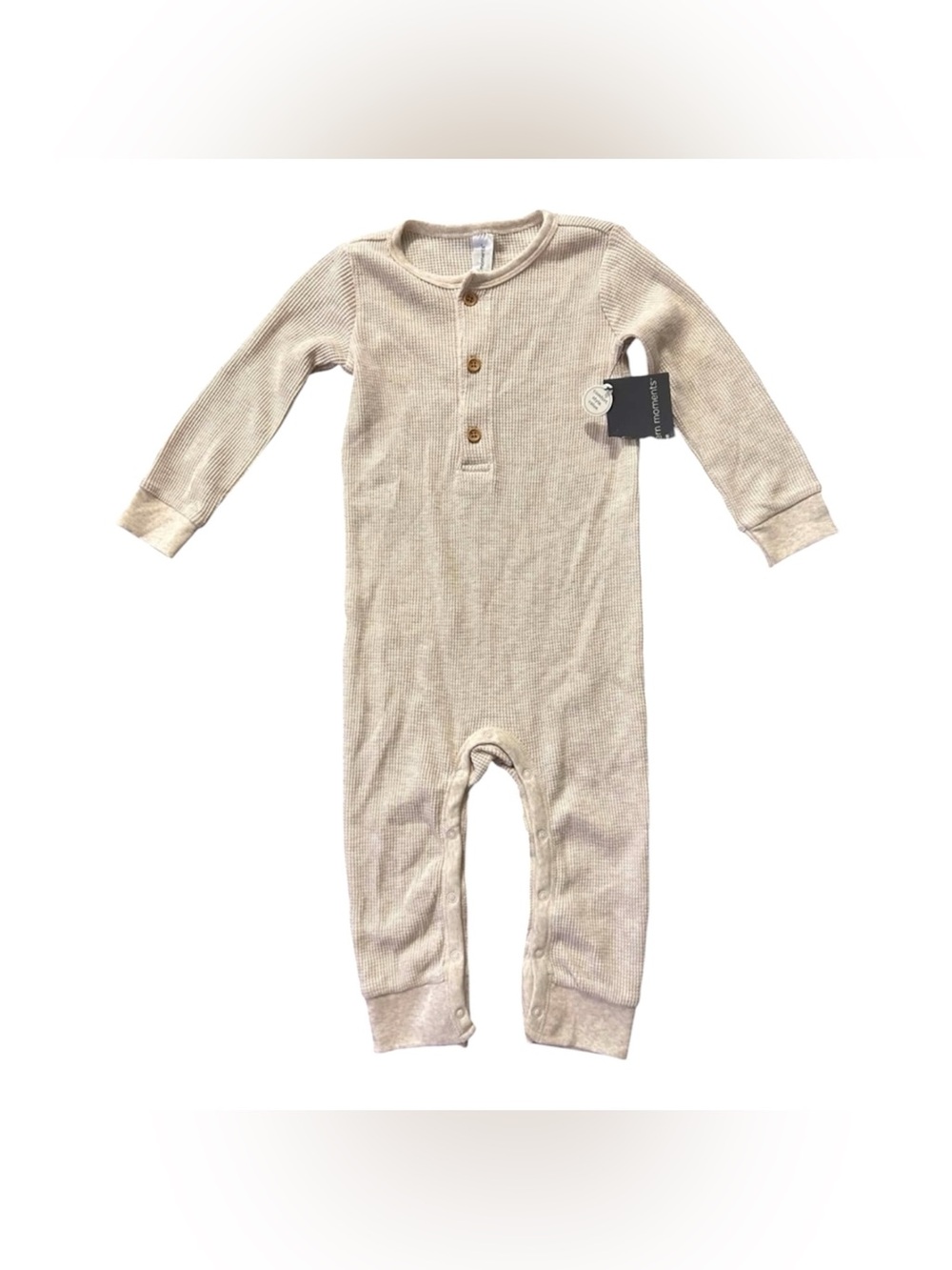 Waffle-Knit Footie One-Piece in Cream with Button Front
